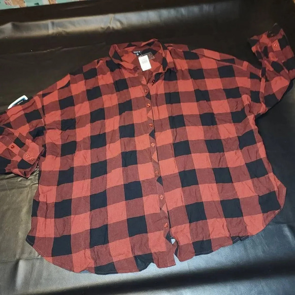 NWT Torrid Womens Red Black Plaid Esther Drop Shoulder Top Shirt Blouse 5 5X New - Picture 1 of 3